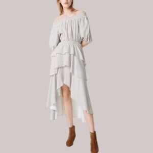 Maje Renco Striped Smocked Dress With Ruffles Ecru Size 38 / US 6 $445 MSRP